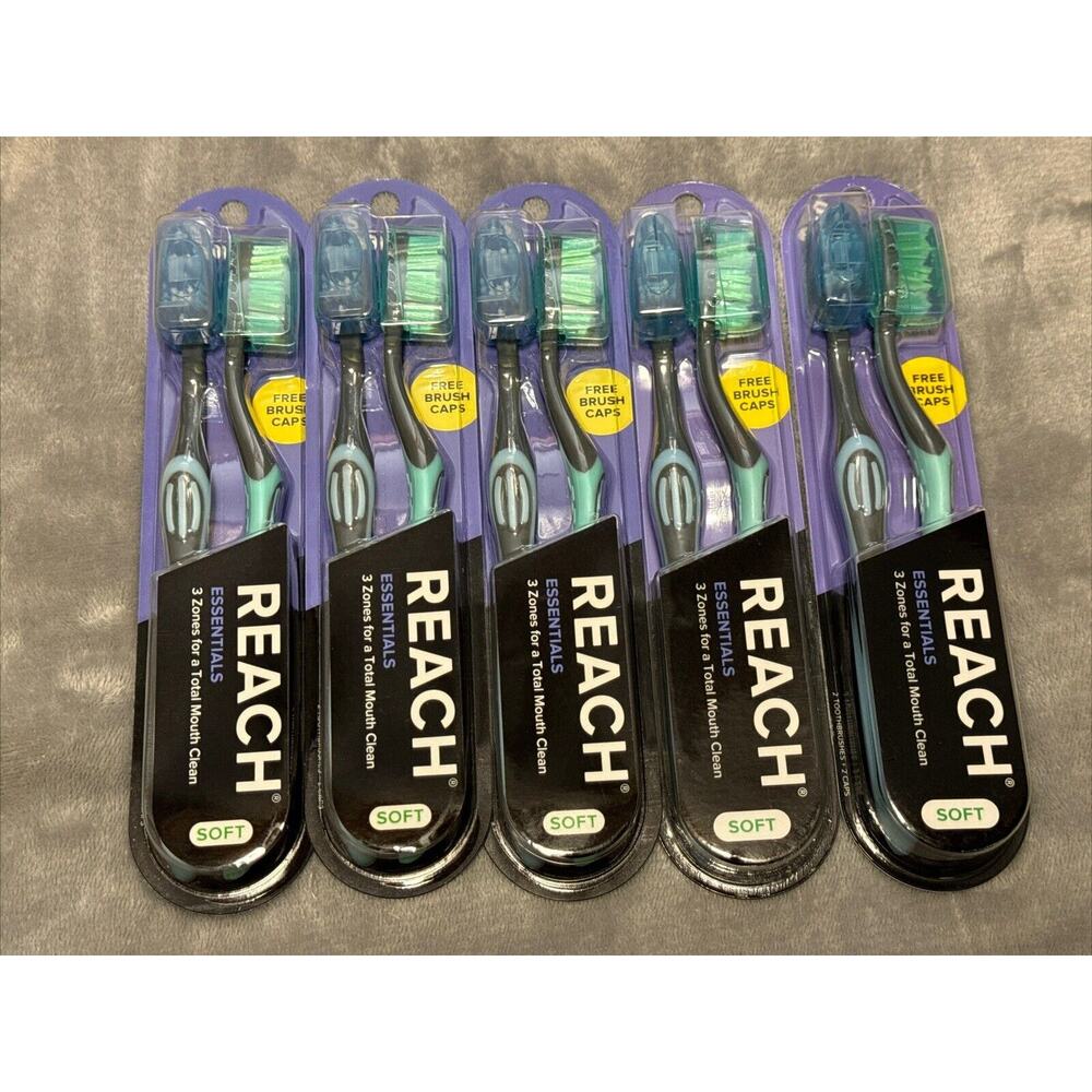 🔥10 Reach Essentials Soft Bristle Toothbrushes w/ Brush Caps 2ct Pks x 5 NWT🔥